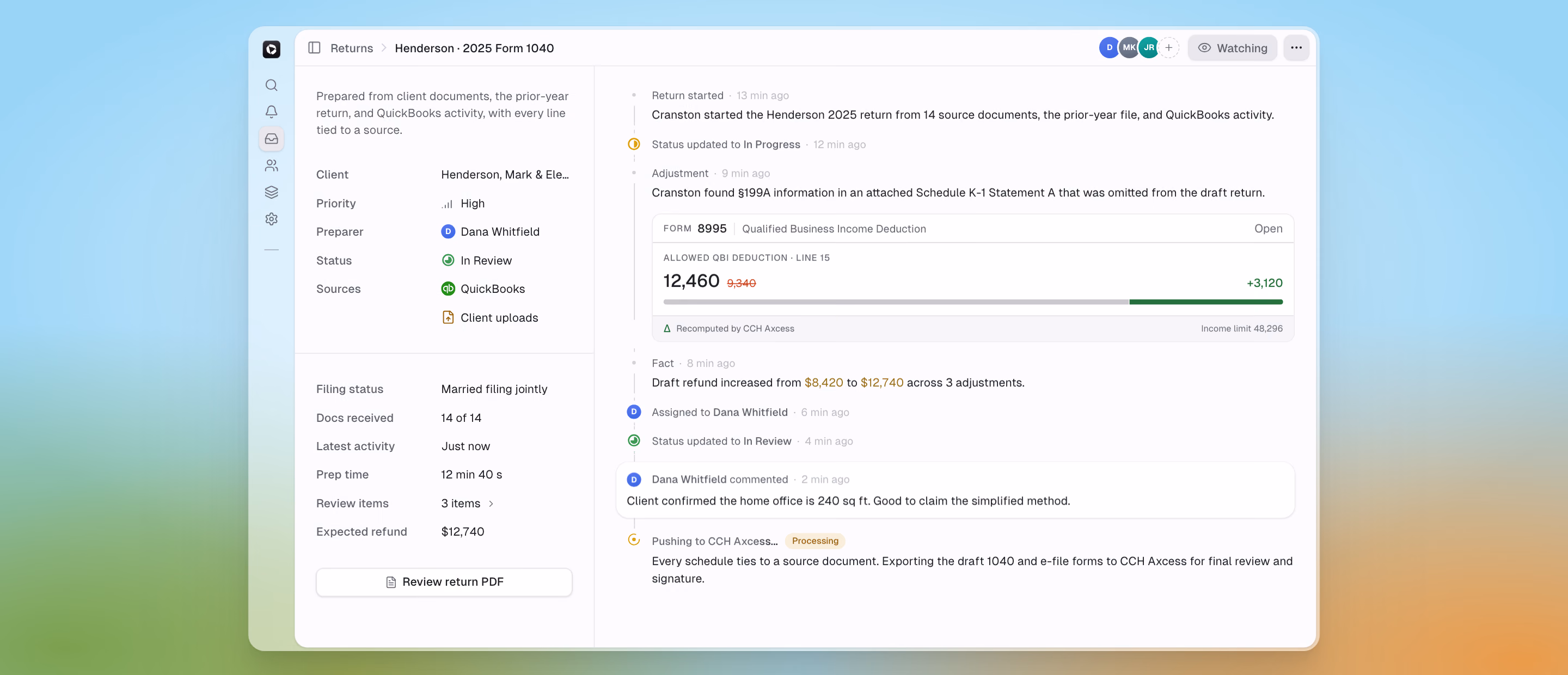 The homepage hero mock: a 1040 workpaper in a draggable glass frame — detail rail, activity feed, source-linked adjustment, push to the tax software.