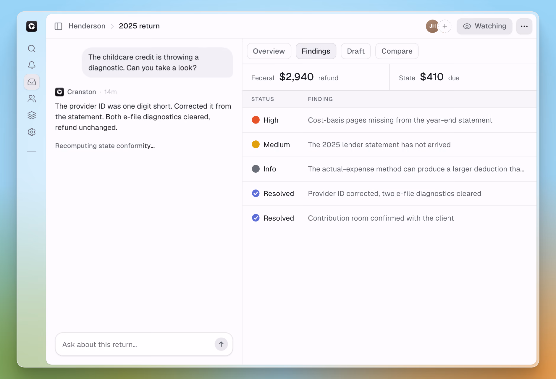 Workpaper stage: agent conversation beside the findings ledger and per-jurisdiction result.